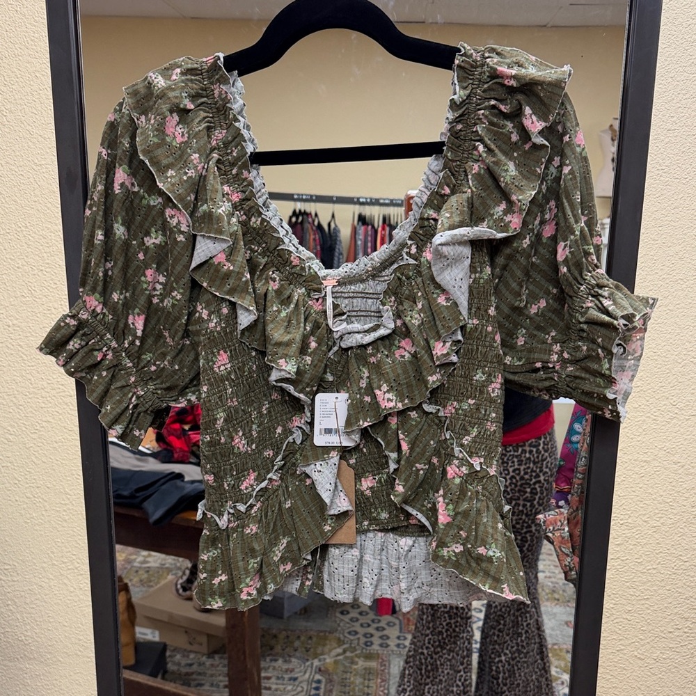 Free People Olive Green Floral Ruffle Smocked Blouse